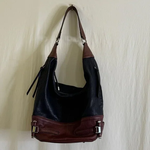 B. Makowsky Mahogany Brown & Black Pebble Leather Shoulder Bag Purse & Dust Bag - Picture 1 of 12